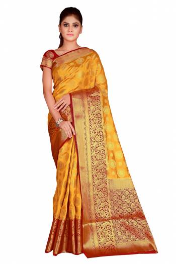 This Festive Season In This Very Pretty Weaving Jacquard Designer Saree Paired With Contrasting Colored Blouse. This Saree and Blouse Are Nylon Silk Based Beautified Saree. 
