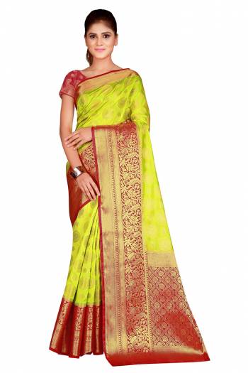 This Festive Season In This Very Pretty Weaving Jacquard Designer Saree Paired With Contrasting Colored Blouse. This Saree and Blouse Are Nylon Silk Based Beautified Saree. 
