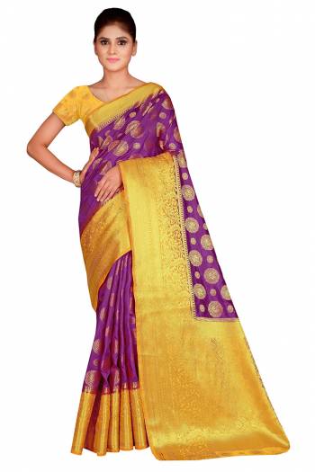 This Festive Season In This Very Pretty Weaving Jacquard Designer Saree Paired With Contrasting Colored Blouse. This Saree and Blouse Are Nylon Silk Based Beautified Saree. 
