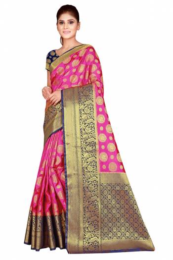 This Festive Season In This Very Pretty Weaving Jacquard Designer Saree Paired With Contrasting Colored Blouse. This Saree and Blouse Are Nylon Silk Based Beautified Saree. 
