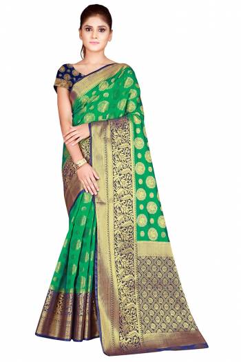 This Festive Season In This Very Pretty Weaving Jacquard Designer Saree Paired With Contrasting Colored Blouse. This Saree and Blouse Are Nylon Silk Based Beautified Saree. 
