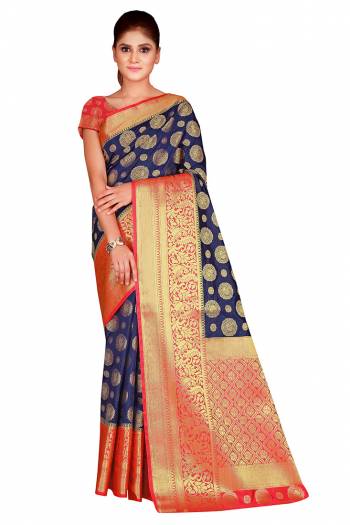 This Festive Season In This Very Pretty Weaving Jacquard Designer Saree Paired With Contrasting Colored Blouse. This Saree and Blouse Are Nylon Silk Based Beautified Saree. 
