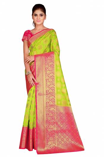 This Festive Season In This Very Pretty Weaving Jacquard Designer Saree Paired With Contrasting Colored Blouse. This Saree and Blouse Are Nylon Silk Based Beautified Saree. 
