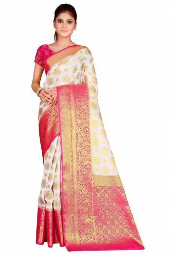 This Festive Season In This Very Pretty Weaving Jacquard Designer Saree Paired With Contrasting Colored Blouse. This Saree and Blouse Are Nylon Silk Based Beautified Saree. 
