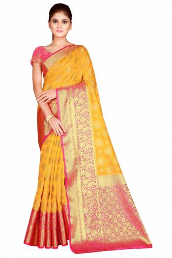 This Festive Season In This Very Pretty Weaving Jacquard Designer Saree Paired With Contrasting Colored Blouse. This Saree and Blouse Are Nylon Silk Based Beautified Saree. 
