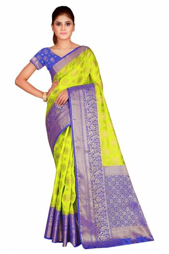 This Festive Season In This Very Pretty Weaving Jacquard Designer Saree Paired With Contrasting Colored Blouse. This Saree and Blouse Are Nylon Silk Based Beautified Saree. 
