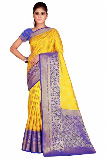 This Festive Season In This Very Pretty Weaving Jacquard Designer Saree Paired With Contrasting Colored Blouse. This Saree and Blouse Are Nylon Silk Based Beautified Saree. 
