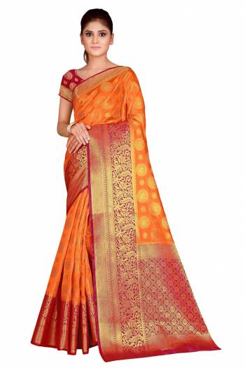 This Festive Season In This Very Pretty Weaving Jacquard Designer Saree Paired With Contrasting Colored Blouse. This Saree and Blouse Are Nylon Silk Based Beautified Saree. 
