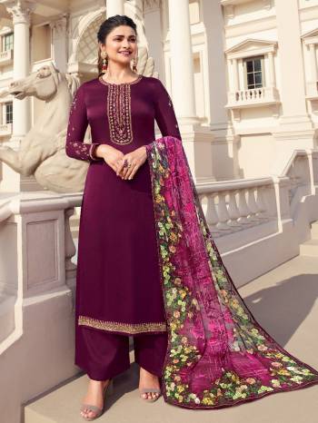 Here Is A Very Pretty Designer Straight Suit In Burgundy Color. Its Embroidered Top and Bottom Are Fabricated On Tusser Satin Paired with Brasso With Digital Print Fabricated Dupatta. Its Fabrics Are Soft Towards Skin And Esnures Superb Comfort All Day Long