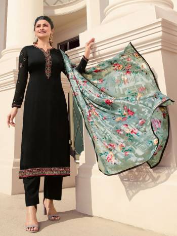 Here Is A Very Pretty Designer Straight Suit In Black Color. Its Embroidered Top and Bottom Are Fabricated On Tusser Satin Paired with Brasso With Digital Print Fabricated Dupatta. Its Fabrics Are Soft Towards Skin And Esnures Superb Comfort All Day Long