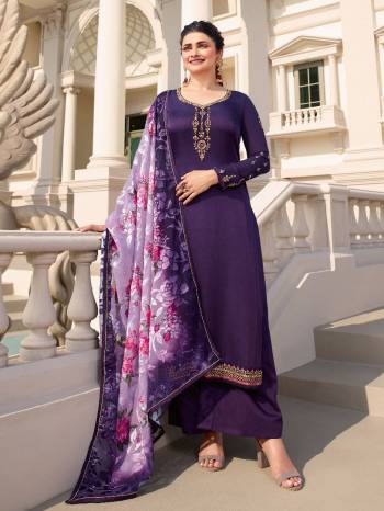 Here Is A Very Pretty Designer Straight Suit In Purple Color. Its Embroidered Top and Bottom Are Fabricated On Tusser Satin Paired with Brasso With Digital Print Fabricated Dupatta. Its Fabrics Are Soft Towards Skin And Esnures Superb Comfort All Day Long