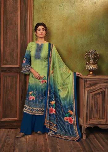 Flaunt Your Rich And Elegant Taste In This Lovely Designer Straight suit In Green color. Its Top Is Pashmina Based Paired With Pashmina Solid Bottom And Bembre Chiffon Dupatta. It Has Elegant Hand Work With Digital Print.