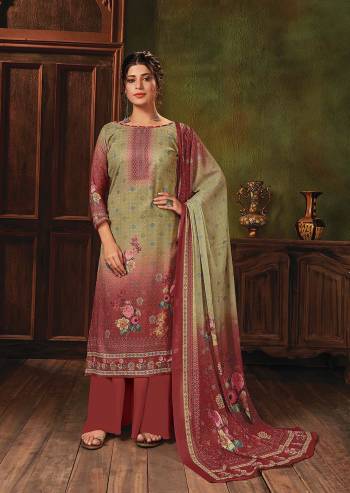 Flaunt Your Rich And Elegant Taste In This Lovely Designer Straight suit In Khaki color. Its Top Is Pashmina Based Paired With Pashmina Solid Bottom And Bembre Chiffon Dupatta. It Has Elegant Hand Work With Digital Print.