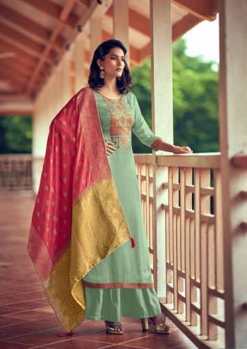 For Your Semi-Casual Wear, Grab This Designer Embroidered Dress Material In Fine Colored Top Paired With Bottom And Dupatta Are Hand Dyeing. This Dress Material Is Dola Silk Based Paired With Botton Are Dull Santoon And Dola Jacquard Designer Fabricated Dupatta.