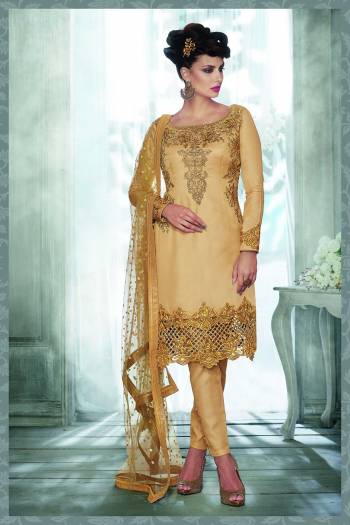 Look Pretty This Designer Floor Length Suit In Lovely  Color.?Its Pretty Embroidred Top Is Tusser Silk Based Paired With Santoon Bottom And Net Fabricated Embroidered Dupatta Which Gives An Attractive To The Suit.