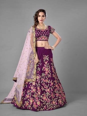 Evergreen Combination Is Here With This Heavy Designer Lehenga Choli In Purple Color. Its Blouse And Lehenga Are Fabricated On Satin Velvet Paired With Soft Net Fabricated Dupatta. Buy Now