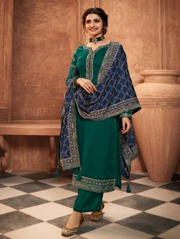 Grab This Very Beautiful Designer Straight Suit In Rama Color Paired With Pretty Embroidered Contrasted Colored Dupatta. Its Top Is Fabricated On Satin Georgette Paired With Santoon Bottom and Chinon Fabricated Dupatta. Buy This Designer Embroidered Suit Now