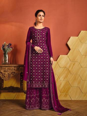 Grab This Pretty Suits In Fine Dark Color. Its Heavy Embroidery Top And Bottom Are Fabricated On Chinon Paired With Chinon Fabricated Dupatta. Get This Stitched As Per Your Desired Fit And Comfort.