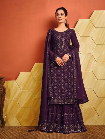 Grab This Pretty Suits In Fine Dark Color. Its Heavy Embroidery Top And Bottom Are Fabricated On Chinon Paired With Chinon Fabricated Dupatta. Get This Stitched As Per Your Desired Fit And Comfort.