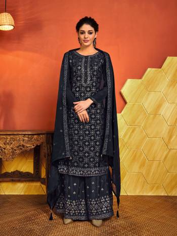 Grab This Pretty Suits In Fine Dark Color. Its Heavy Embroidery Top And Bottom Are Fabricated On Chinon Paired With Chinon Fabricated Dupatta. Get This Stitched As Per Your Desired Fit And Comfort.