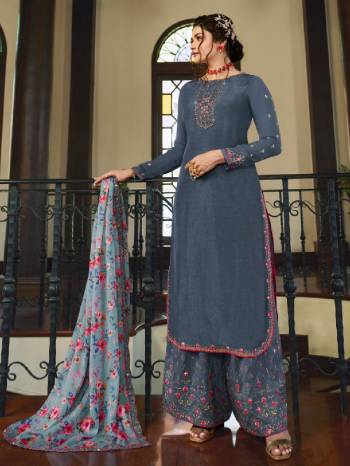 Look Pretty This Designer Long Length Suit In Lovely Color.?Its Pretty Embroidred Top Is Georgette Based Paired With Santoon Bottom And Chiffon Fabricated Embroidered Dupatta Which Gives An Attractive To The Suit.