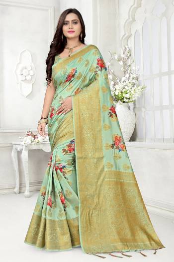 Celebrate This Festive Season In This Very Pretty Colored Designer Saree Paired With Blouse. This Saree and Blouse Are Banarasi Silk Based Beautified With Detailed Heavy Wevon Designer Work And Digital Printed Saree. 