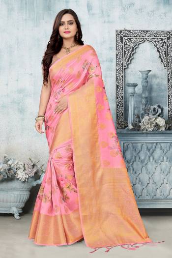 Celebrate This Festive Season In This Very Pretty Colored Designer Saree Paired With Blouse. This Saree and Blouse Are Banarasi Silk Based Beautified With Detailed Heavy Wevon Designer Work And Digital Printed Saree. 