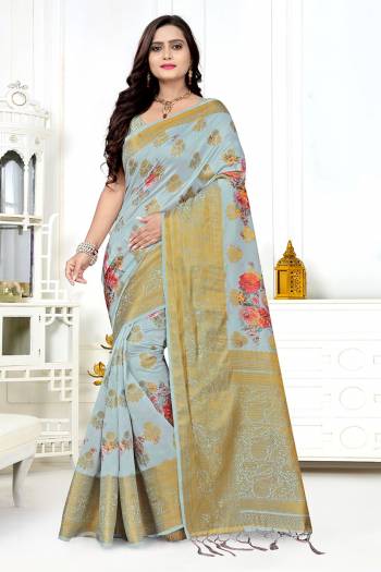 Celebrate This Festive Season In This Very Pretty Colored Designer Saree Paired With Blouse. This Saree and Blouse Are Banarasi Silk Based Beautified With Detailed Heavy Wevon Designer Work And Digital Printed Saree. 