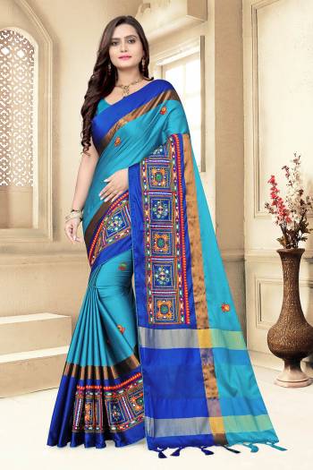 Look Attractive Wearing This Saree Paired With Blouse.  This Wevon Designer And Embroidery Work Saree Is Cotton Silk Based Which Gives A Rich Look To Your Personality. Buy This Pretty Saree Now.