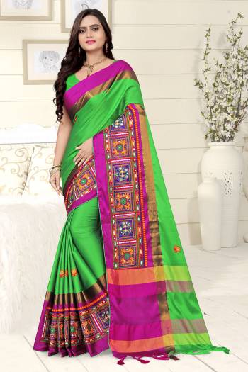 Look Attractive Wearing This Saree Paired With Blouse.  This Wevon Designer And Embroidery Work Saree Is Cotton Silk Based Which Gives A Rich Look To Your Personality. Buy This Pretty Saree Now.