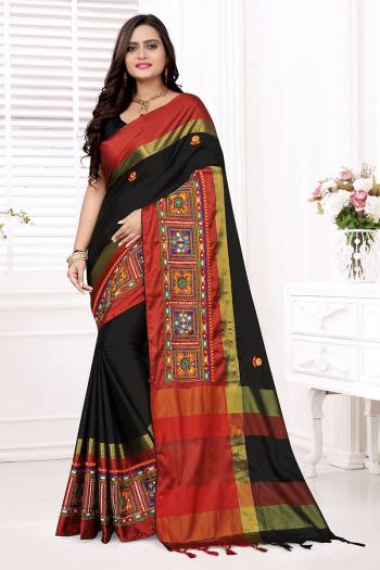 Look Attractive Wearing This Saree Paired With Blouse.  This Wevon Designer And Embroidery Work Saree Is Cotton Silk Based Which Gives A Rich Look To Your Personality. Buy This Pretty Saree Now.