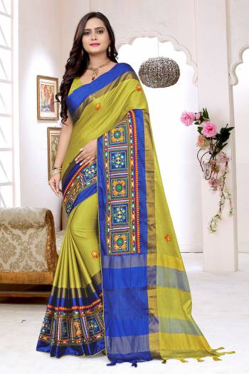 Look Attractive Wearing This Saree Paired With Blouse.  This Wevon Designer And Embroidery Work Saree Is Cotton Silk Based Which Gives A Rich Look To Your Personality. Buy This Pretty Saree Now.