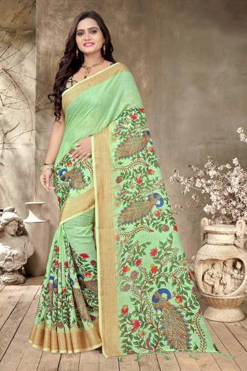 Look Attractive Wearing This Saree Paired With Contrasted Color Blouse.  This Wevon Jari Border And Digital Printed Printed Pallu Saree Is Lilen Cotton Based Which Gives A Rich Look To Your Personality. Buy This Pretty Saree Now.