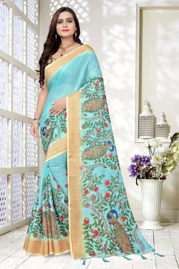 Look Attractive Wearing This Saree Paired With Contrasted Color Blouse.  This Wevon Jari Border And Digital Printed Printed Pallu Saree Is Lilen Cotton Based Which Gives A Rich Look To Your Personality. Buy This Pretty Saree Now.