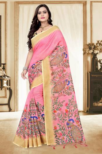 Look Attractive Wearing This Saree Paired With Contrasted Color Blouse.  This Wevon Jari Border And Digital Printed Printed Pallu Saree Is Lilen Cotton Based Which Gives A Rich Look To Your Personality. Buy This Pretty Saree Now.