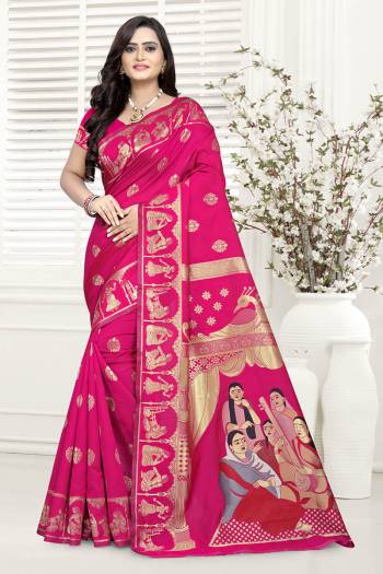 Attractive Look Wearing This Saree Paired With Blouse.  This Wevon Designer And Designer Pallu Printed Work Saree Is Banarasi Silk Based Which Gives A Rich Look To Your Personality. Buy This Pretty Saree Now.