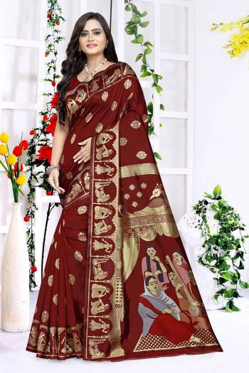 Attractive Look Wearing This Saree Paired With Blouse.  This Wevon Designer And Designer Pallu Printed Work Saree Is Banarasi Silk Based Which Gives A Rich Look To Your Personality. Buy This Pretty Saree Now.