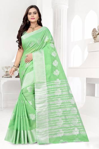 Attractive Look Wearing This Saree Paired With Blouse.  This Wevon Designer And Designer Pallu Border Saree Is Banarasi Cotton Based Which Gives A Rich Look To Your Personality. Buy This Pretty Saree Now.