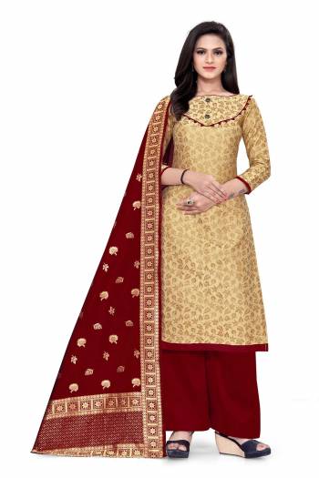 Grab This Designer Wevon Jacquard Work Dress Material In Fine Colored Top Paired With Dupatta Are Banarasi Jacquard Silk And Bottom Are Tapeta Silk. 