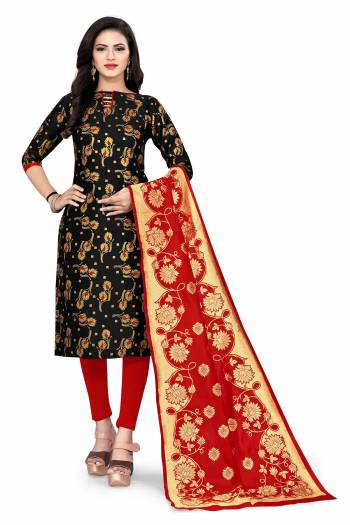 Lovelly Look This Designer Wevon Jacquard Designer Dress Material In Fine Colored Top Paired With Dupatta Are Banarasi Jacquard Silk And Bottom Are Tapeta Silk. 