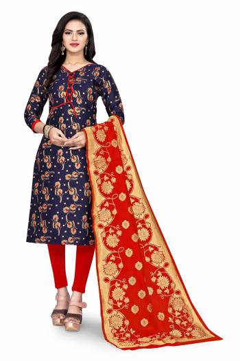 Lovelly Look This Designer Wevon Jacquard Designer Dress Material In Fine Colored Top Paired With Dupatta Are Banarasi Jacquard Silk And Bottom Are Tapeta Silk. 