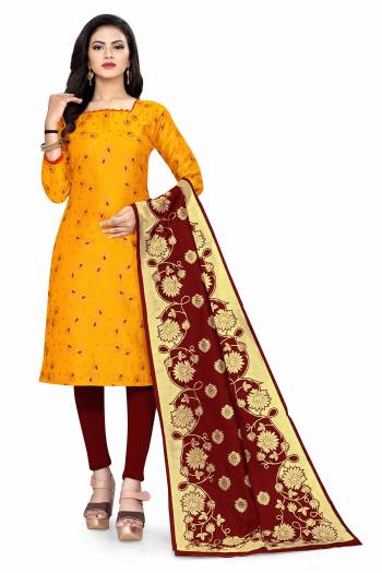 Lovelly Look This Designer Wevon Jacquard Designer Dress Material In Fine Colored Top Paired With Dupatta Are Banarasi Jacquard Silk And Bottom Are Tapeta Silk. 