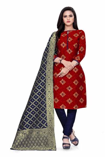 Lovelly Look This Designer Wevon Jacquard Designer Dress Material In Fine Colored Top Paired With Dupatta Are Banarasi Jacquard Silk And Bottom Are Tapeta Silk. 