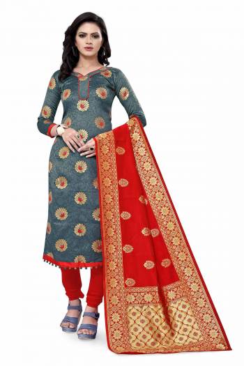 Lovelly Look This Designer Wevon Jacquard Designer Dress Material In Fine Colored Top Paired With Dupatta Are Banarasi Jacquard Silk And Bottom Are Tapeta Silk. 