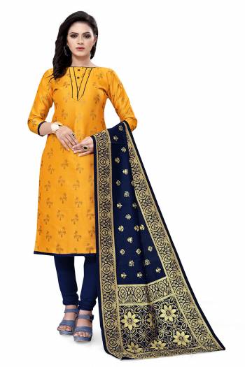 Lovelly Look This Designer Wevon Jacquard Designer Dress Material In Fine Colored Top Paired With Dupatta Are Banarasi Jacquard Silk And Bottom Are Tapeta Silk. 