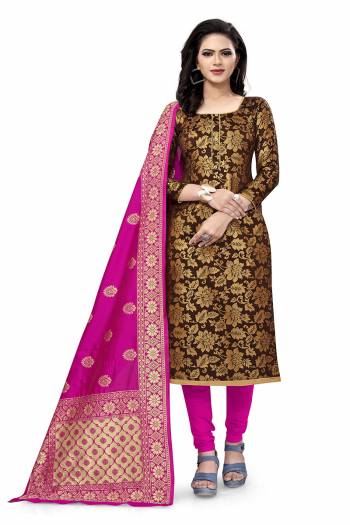 Lovelly Look This Designer Wevon Jacquard Designer Dress Material In Fine Colored Top Paired With Dupatta Are Banarasi Jacquard Silk And Bottom Are Tapeta Silk. 