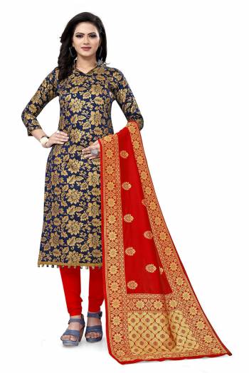 Lovelly Look This Designer Wevon Jacquard Designer Dress Material In Fine Colored Top Paired With Dupatta Are Banarasi Jacquard Silk And Bottom Are Tapeta Silk. 