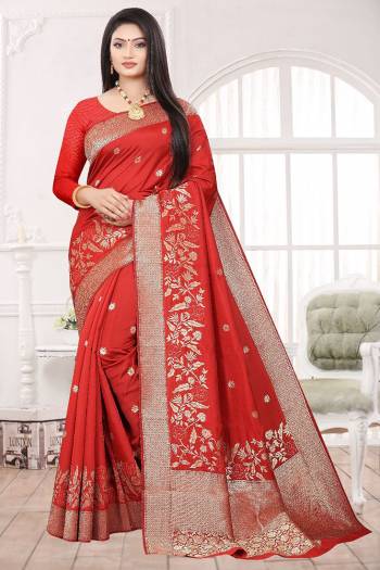 Adorn The Pretty Angelic Look Wearing This Heavy Designer Wevon Saree In Red Color Paired With Blouse. This Saree Is Fabricated On Soft Art Silk Paired With Art Silk Fabricated Blouse. Its Pretty Color Pallete Will Give An Attractive Look To Your Personality. 