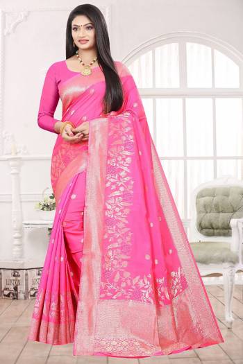 Adorn The Pretty Angelic Look Wearing This Heavy Designer Wevon Saree In Pink Color Paired With Blouse. This Saree Is Fabricated On Soft Art Silk Paired With Art Silk Fabricated Blouse. Its Pretty Color Pallete Will Give An Attractive Look To Your Personality. 