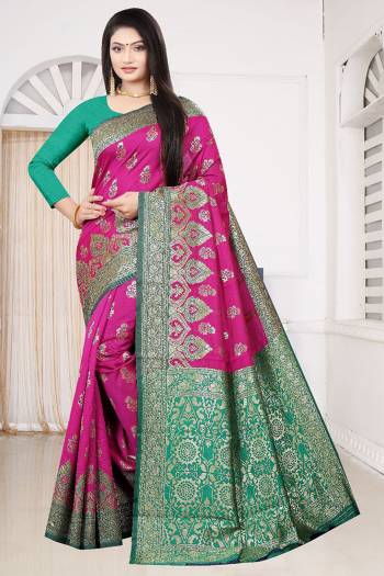 Look Attractive Wearing This Pink Colored Saree Paired With Sea Green Colored Blouse.  This Heavy Wevon Designer Saree Is Soft Litchi Silk Based Which Gives A Rich Look To Your Personality. Buy This Pretty Saree Now.